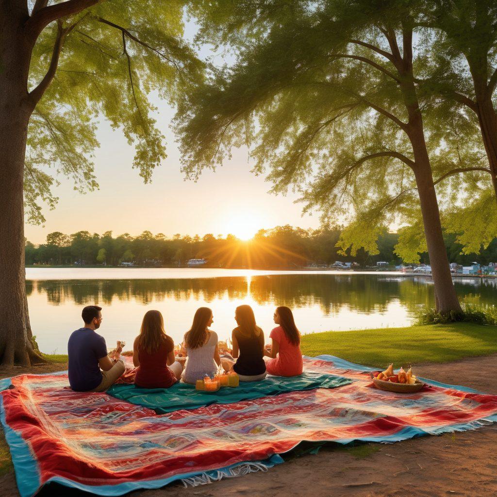 A picturesque scene of couples and friends enjoying community activities in Lauderdale Lakes, showcasing a vibrant lakeside picnic with people engaged in games, laughter, and bonding. Include lush green trees, shimmering water, and colorful blankets filled with food, with a sunset backdrop symbolizing romance and togetherness. super-realistic. vibrant colors. peaceful atmosphere.