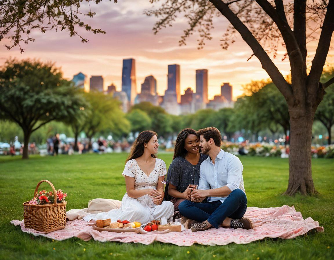 A cozy couple enjoying a sunset picnic in a bustling city park, surrounded by blooming flowers and joyful friends laughing nearby. In the background, a skyline features twinkling city lights and artistically adorned buildings. The scene radiates warmth and connection, embodying the essence of togetherness. soft-focus, warm colors, painterly style.