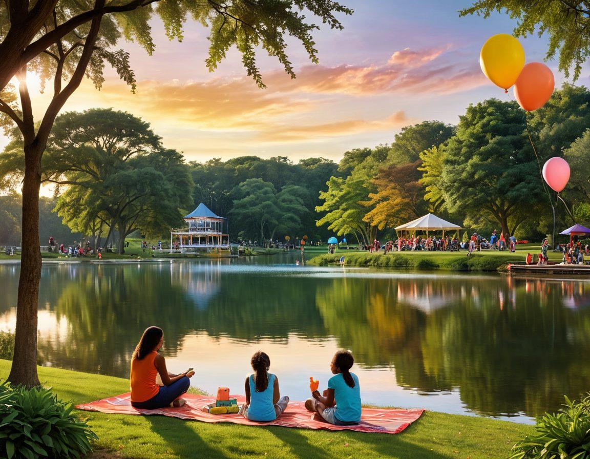 A vibrant scene capturing the essence of Lauderdale Lakes with families enjoying recreational activities, including picnics, playing frisbee, and children on swings, set against a backdrop of lush greenery and sparkling lakes. Incorporate festive decorations like colorful banners and balloons to represent celebrations, while the sun sets in a stunning orange hue. super-realistic. vibrant colors.